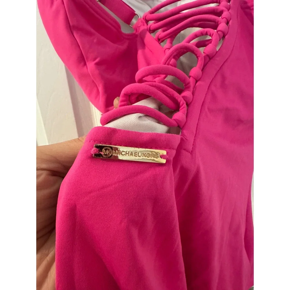 Michael Kors Hot Pink Lattice Back One Piece Swimsuit Size 6 Pink Gold Logo
